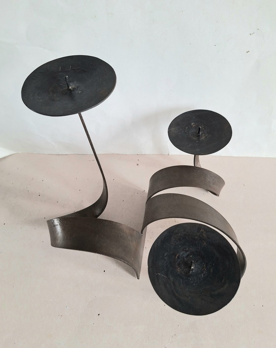 Image 1 of Ferart Canada Brutalist ijzeren 3 armige Pijler kandelaar. Uit één stuk. 