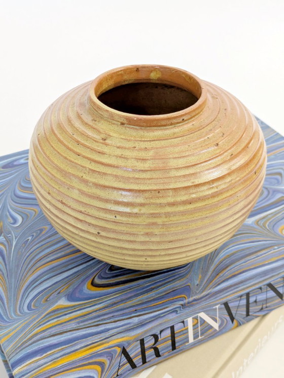 Image 1 of Vintage Studio Pottery Round Vase, Ribbed Golden Ochre Glaze, Artist Signed