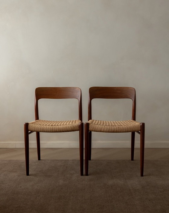 Image 1 of Vintage Danish Dining Chairs Model 75 by Niels Otto Møller for J.L. Møllers Møbelfabrik, Teak Paper Cord Chairs, 1950s, Set of 4