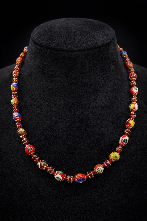 collana vetro di murano rosso con murrine - 45 cm