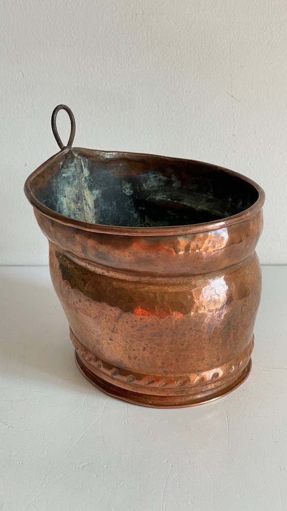 Image 1 of Hangende koperen en stalen plantenpot