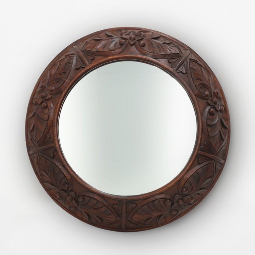 Large oak rustic wall mirror with floral carvings, France 1900s