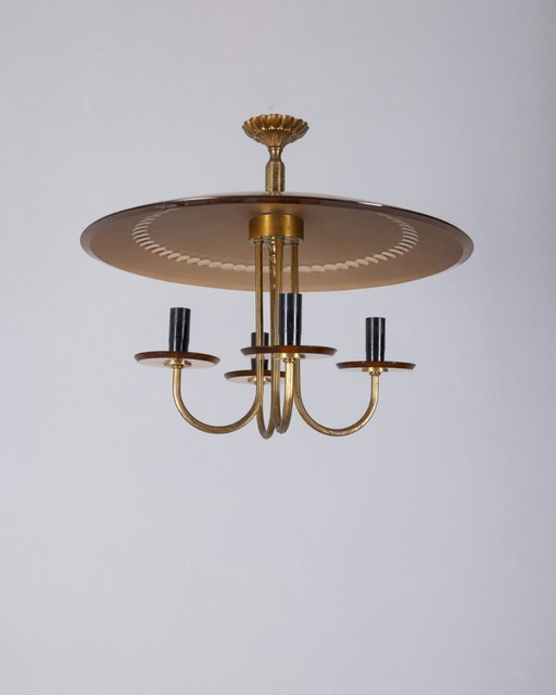 Vintage 1950s brass and pink glass chandelier Italian design