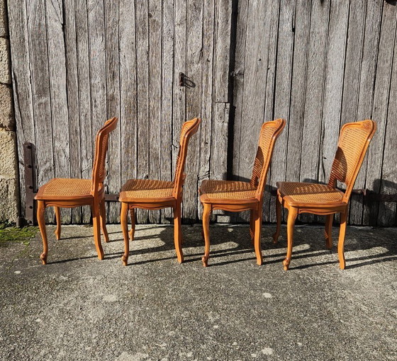 Image 1 of 4 chaises de salle à manger vintage françaises en rotin - chaises de style cottage - style Louis XV - années 80