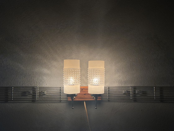 Image 1 of Lampada da parete vintage con tubi di vetro e piastra posteriore in legno