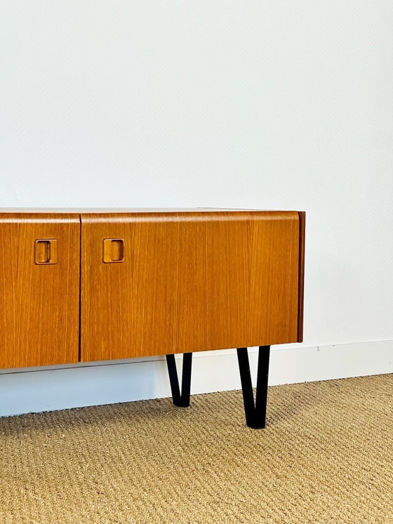 Image 1 of Low Scandinavian teak sideboard with metal compass legs, 1960