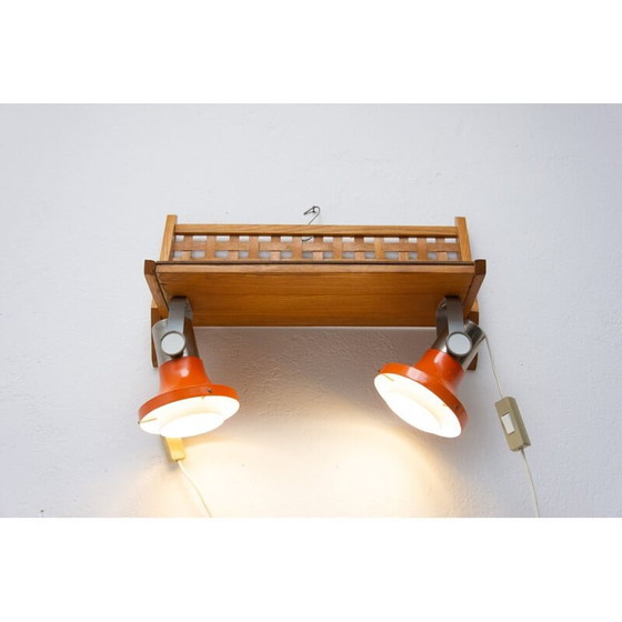 Image 1 of Vintage wall shelf in beech wood with integrated lamps by Uluv, Czechoslovakia 1960