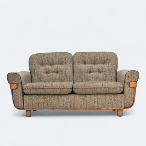 1970 Deense 2-zitsbank, originele staat, meubelwol, gebogen hout