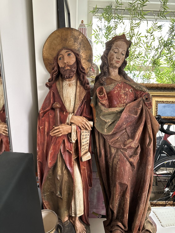 Image 1 of Statues d'église anciennes de style Riemenschneider, sculptures artisanales sur bois de Marie et Moïse