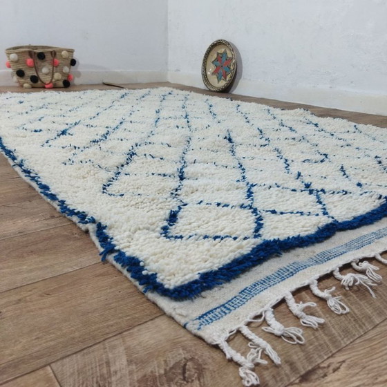 Image 1 of Modern Handmade Berber Rug – Handmade Berber Carpet | Cream Wool Moroccan Rug with Blue Geometric Patterns