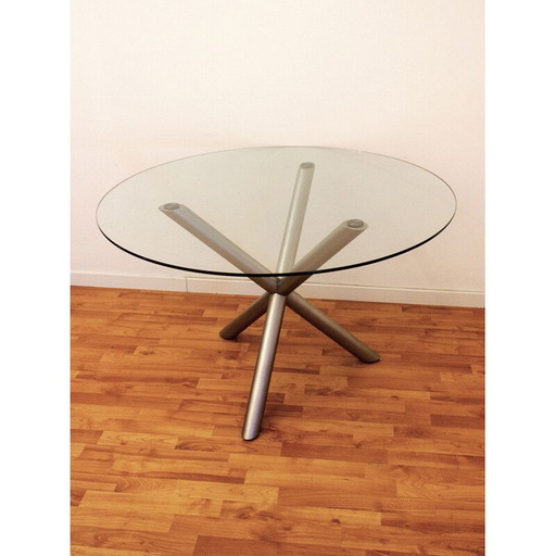 Round vintage table in smoked glass and chrome steel, Italy 1970