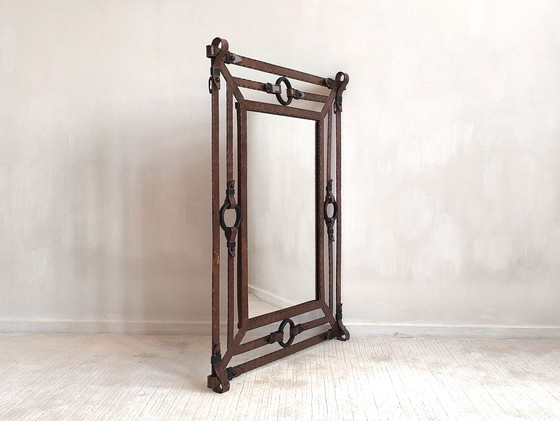 Image 1 of Iconic Large Mirror 1960's Design Jean-Pierre Ryckaert en Métal Façon Cuir Sellier à Surpiqures