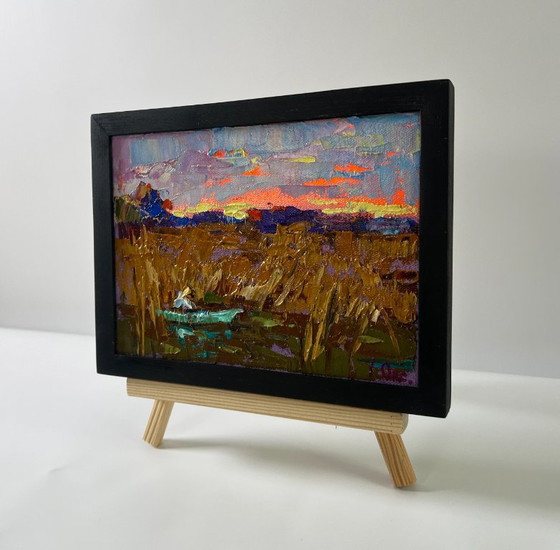 Image 1 of Original Oil Painting Autumn Sunset Landscape Evening on the River