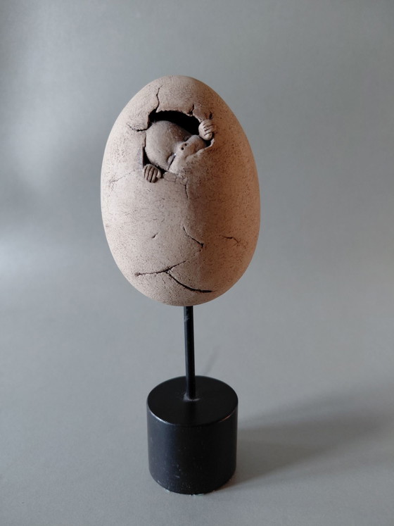 Exclusive Handmade Ceramic Sculpture, 'New Life' on Museum Base, Beige (photo 3 of 7)