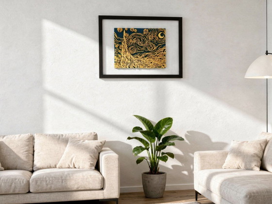 Image 1 of Notte stellata reinterpretata: bassorilievo scultoreo in movimento, opera d'arte da parete.