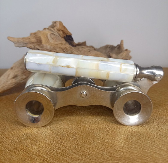 Image 1 of Vintage theatre glasses (opera glasses), made of metal and finished with mother-of-pearl (nacre) shell inlay.