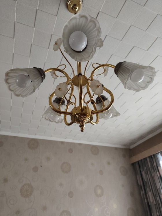 Bellissimo lampadario vintage a 5 bracci – Illuminazione, Vetro, Metallo (photo 2 of 7)
