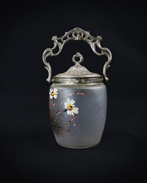 Art Nouveau painted glass cookie bucket in the taste of Legras