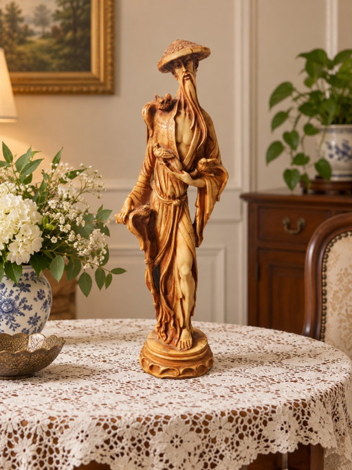 Sculpture Vintage Sage Chinois en Résine Effet Ivoire – H 48 cm