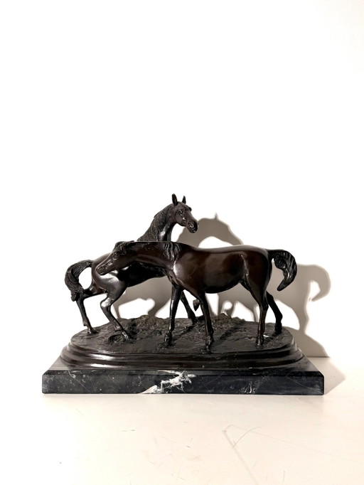 Sculpture de Cheval en Bronze A.J. Rock sur Base en Marbre Noir