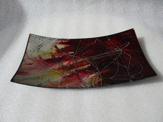 Image 1 of Fused glass sushi bowl or tray, rectangular, garnet/gold wire.