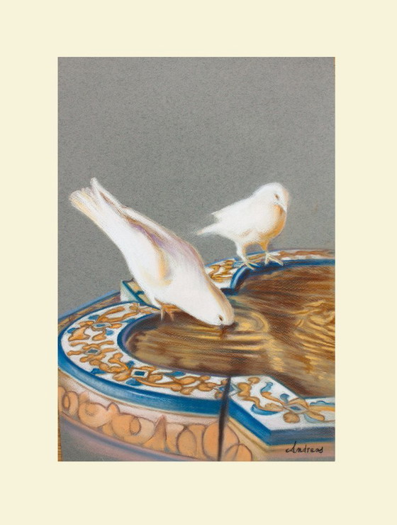 Image 1 of Pigeons drinking from the fountain. Drawing of pigeons. Painting of pigeons. Picture of pigeons. New.
