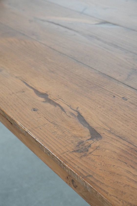 Image 1 of Antique French oak farmhouse dining table for 6 to 8 people with three drawers