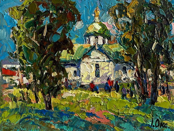 Image 1 of Original Oil Painting Summer Church Landscape Hike to the monastery