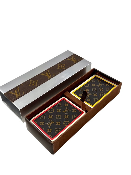 Boîte de jeux de cartes Louis Vuitton, France ca. 1970, Objets déco, Métal, Cuir, Argenté, Modern (photo 7 sur 12)