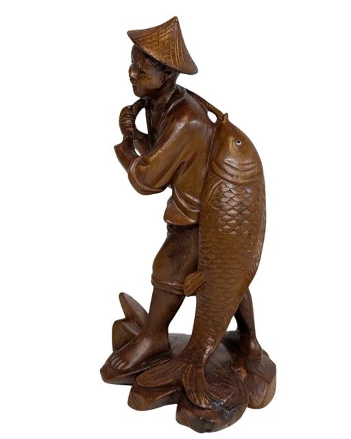 Chinese wooden lucky statue 'the fisherman with carp' – Sculpture (photo 9 of 14)