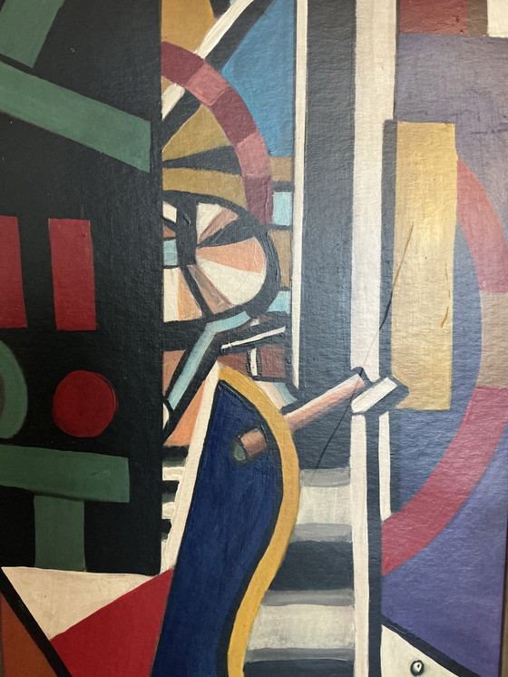 Image 1 of Dipinto astratto in stile cubista – Firmato – Olio su tela con cornice dorata