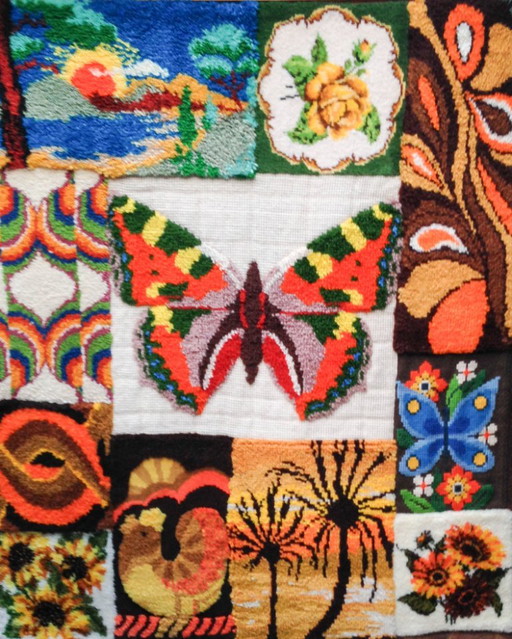 Vintage-Wandbehang mit Schmetterling aus Smyrna, kombiniert mit Stickerei – wanddecoratie, Textile, Wool