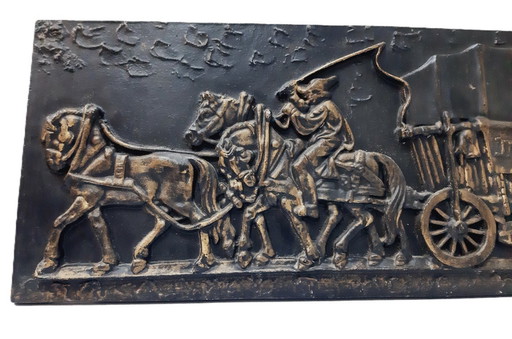 Old Large Cast Iron Wall Plaque- a cart with horses, bas relief