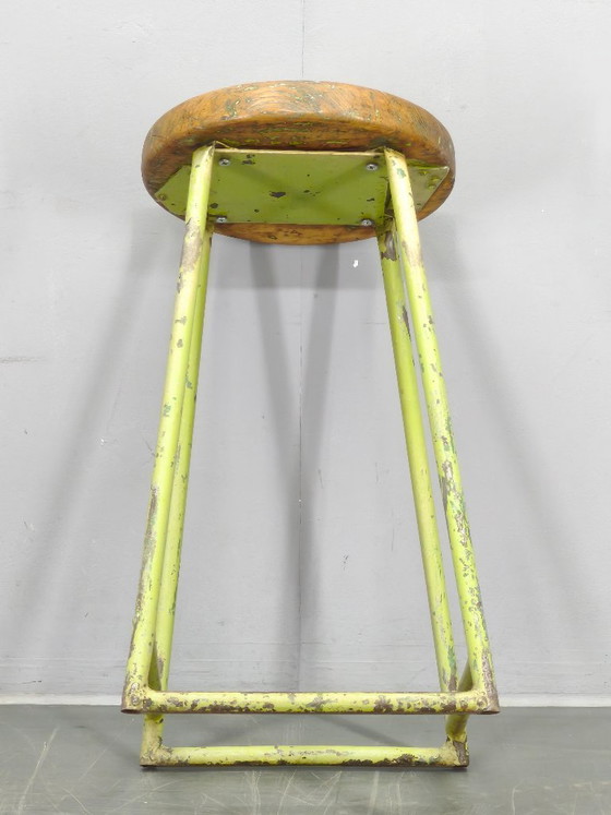 Image 1 of 1940s Czech Industrial Stool with Pine Seat and Green Patina