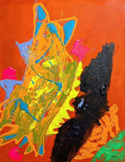 Abstract Expressionist Cat and Bat Painting Oil Drip Painting and Pallet Knife Acrylic Paint red primed canvas unframed 35x45cm 