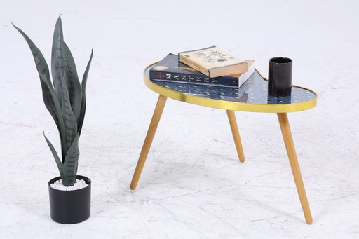 Vintage kidney-shaped table with peacock pattern | Mid - Century flower table | side tables blue 60s #07-29