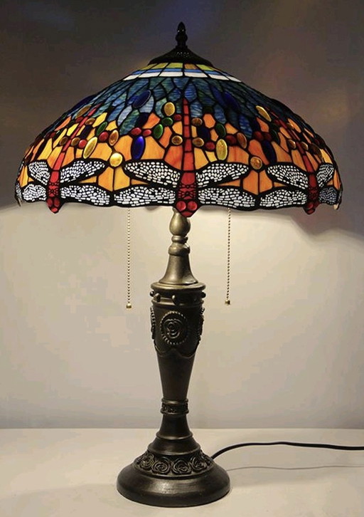 Tiffany table lamp with ornate base and lampshade with stained glass motifs, dragonfly series, diam. approx. 45cm and 65cm high