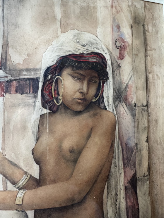 Image 1 of Antique Orientalist Nude Watercolor