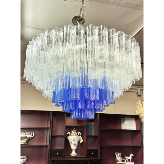 Image 1 of Luxe, grote, transparante en blauwe Murano glazen Tronchi statement kroonluchter