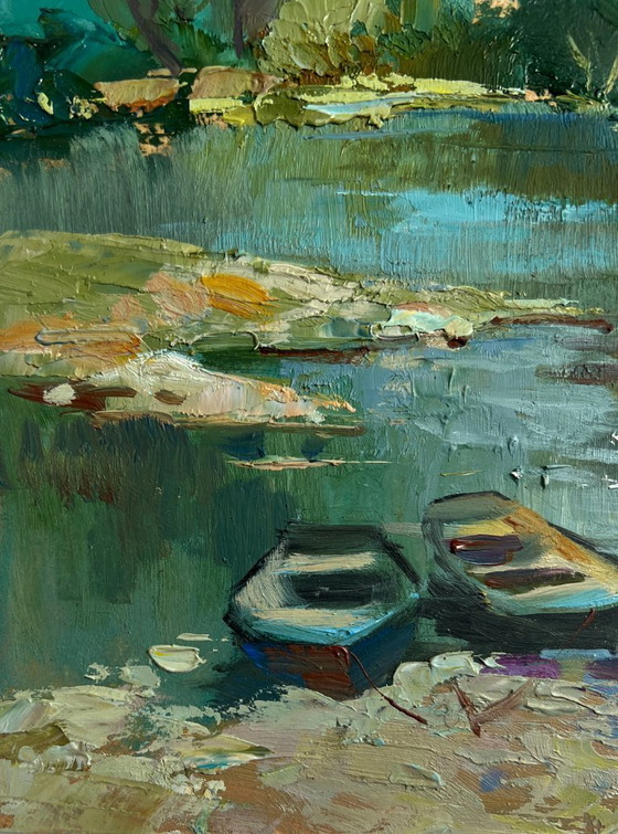 Image 1 of Original Oil Painting Summer River Landscape River in the forest thicket