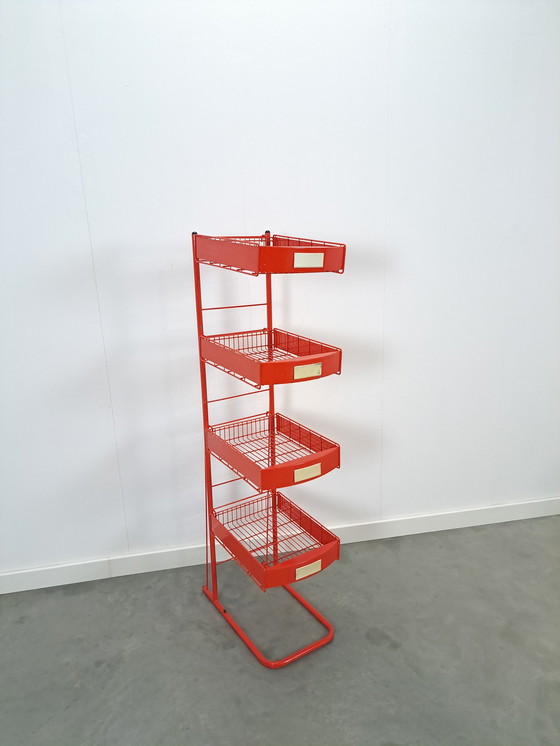 Image 1 of Red Metal Shop Display Case Shop Rack With Baskets Vintage