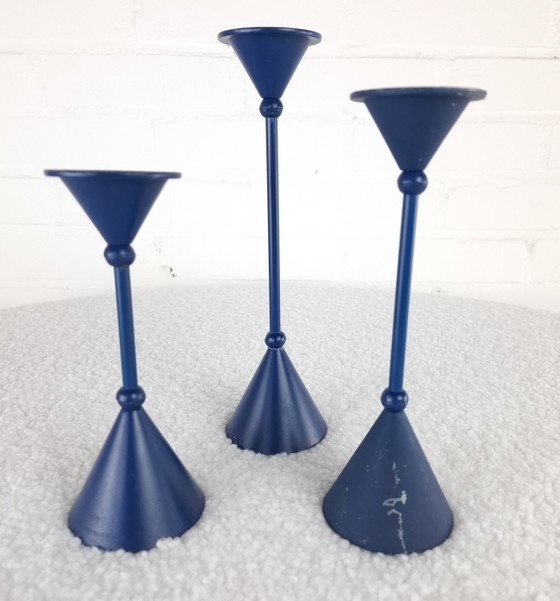 Image 1 of Set of 3 diabolo candlesticks Memphis Milano 1980s blue