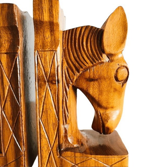 Image 1 of Vintage mid-century bookends hand-carved wooden horses teak 1960s