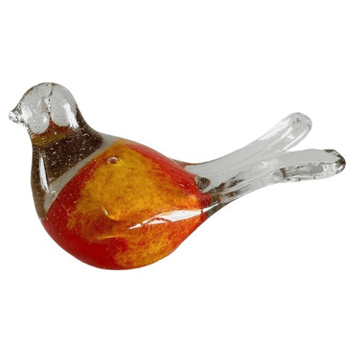 Vintage mondgeblazen vogelsculptuur glas presse-papier glazen vogeltje murano stijl vogelbeeldje rood geel 1980's