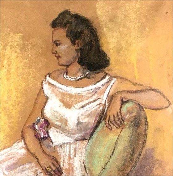 Image 1 of Pastel original signé – Louis-Marie-René Choprix (1888-1972) Femme au sofa, 1950 – Art belge XXᵉ siècle