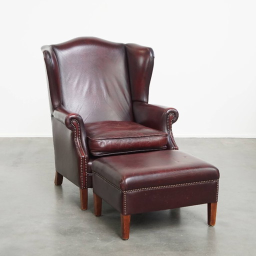 Bordeaux red cowhide leather ear chair + hocker in English style