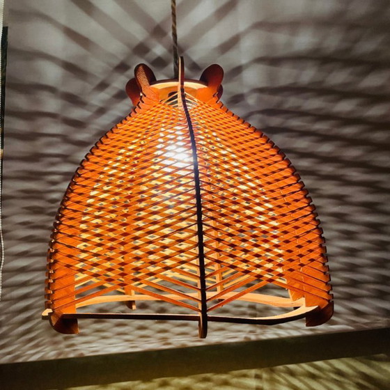 Image 1 of Large rustic style Portuguese wood and rattan hanging lamp, 1960s