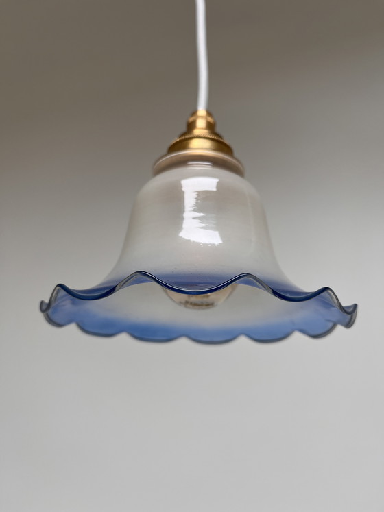 Image 1 of Vintage flower-shaped pendant lamp, frosted glass with blue rim (1970s/1980s)
