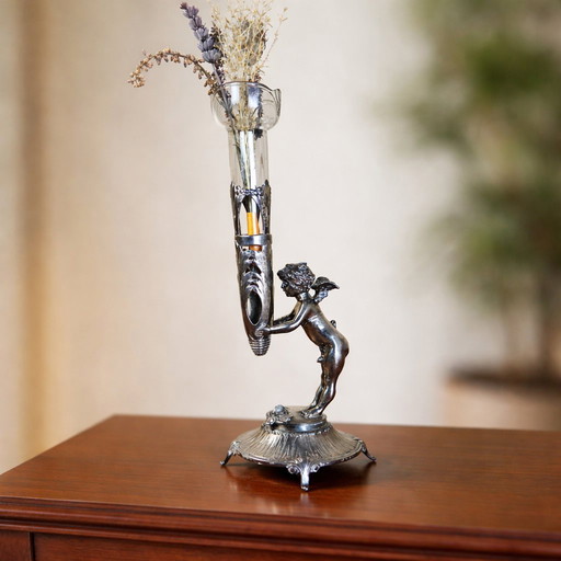 Antique silver-plated vase / bougeoir / candlestick cherub / angel