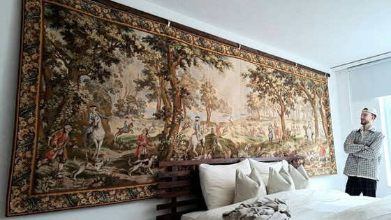 Image 1 of Large custom-made Jules Pansu French tapestry with 18th-century royal hunting scene 'en Forêt de Compiègne' 390 x 157 cm
